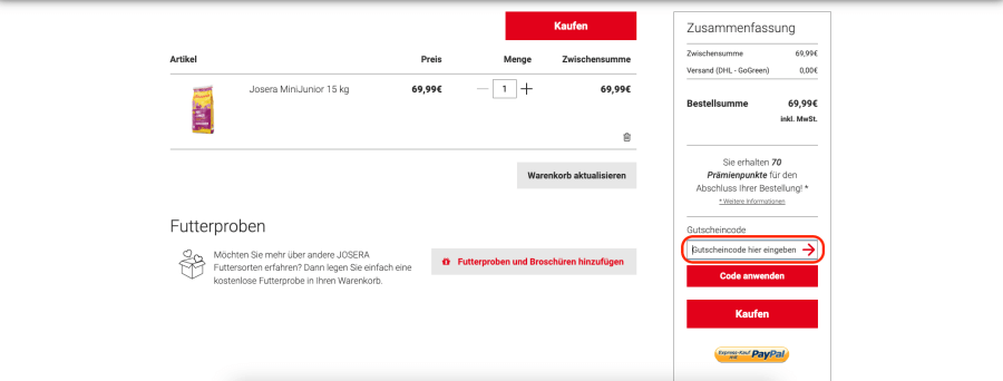 Feld für Josera rabattcode